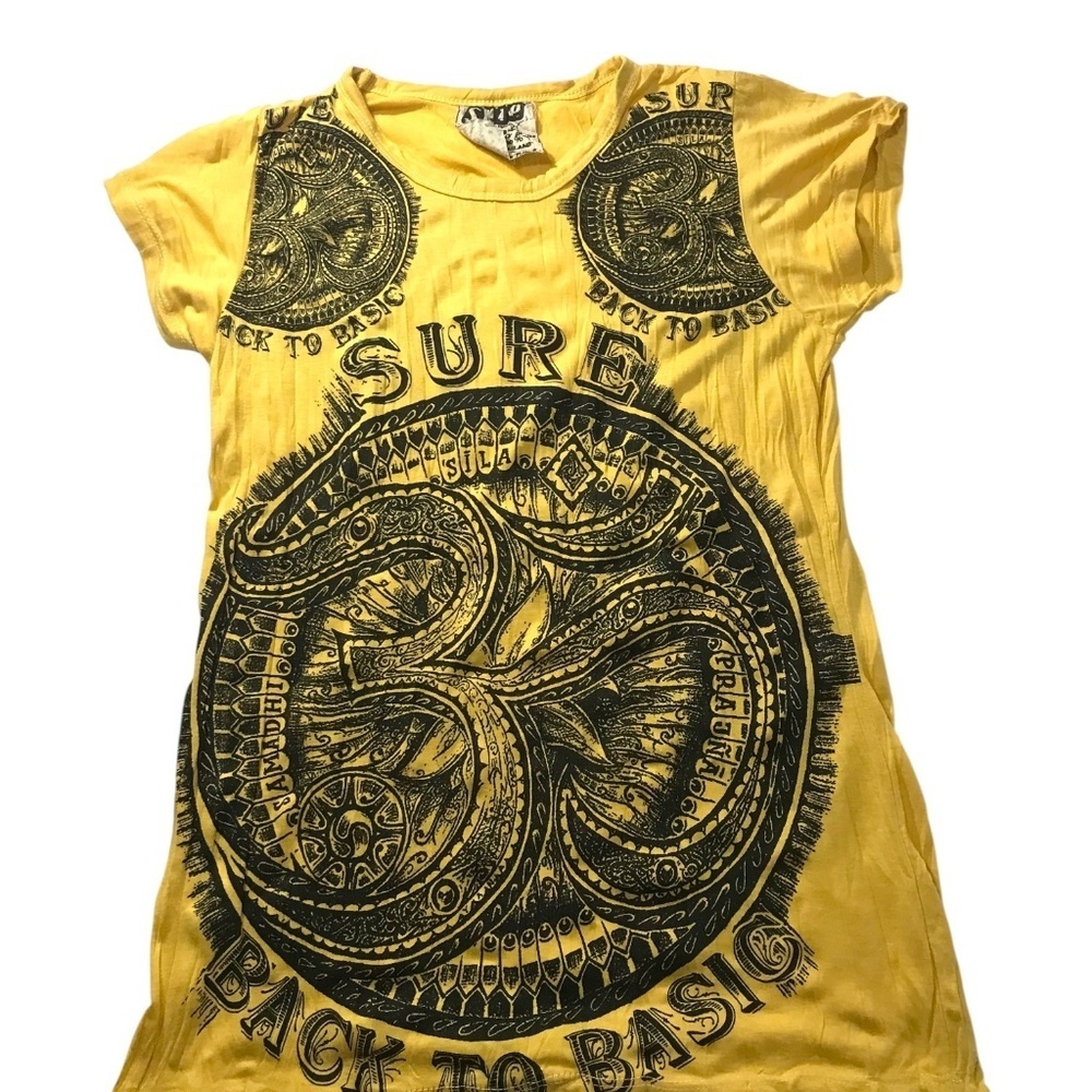 Men's Tibetan Sure Om Yellow Yoga Clothing Crinkled Cotton T-Shirt Hippie Small
